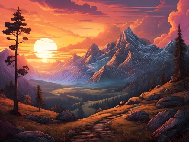Een schilderij van een zonsondergang in het apocalypslandschap van de bergen