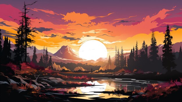Een schilderij van een zonsondergang met bomen en bergen ai