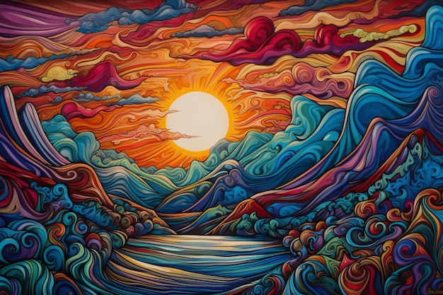 Een schilderij van een zonsondergang met de ondergaande zon boven de bergen.