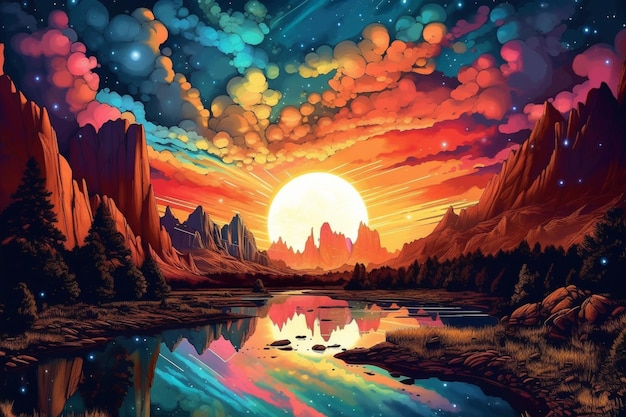 Een schilderij van een zonsondergang met de zon aan de horizon.