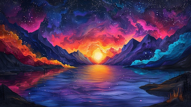 een schilderij van een zonsondergang met de zon die achter een berg schijnt