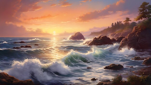 Een schilderij van een zonsondergang met de zon die op het water schijnt