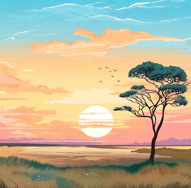 Een schilderij van een zonsondergang met een boom en vogels die in de lucht vliegen