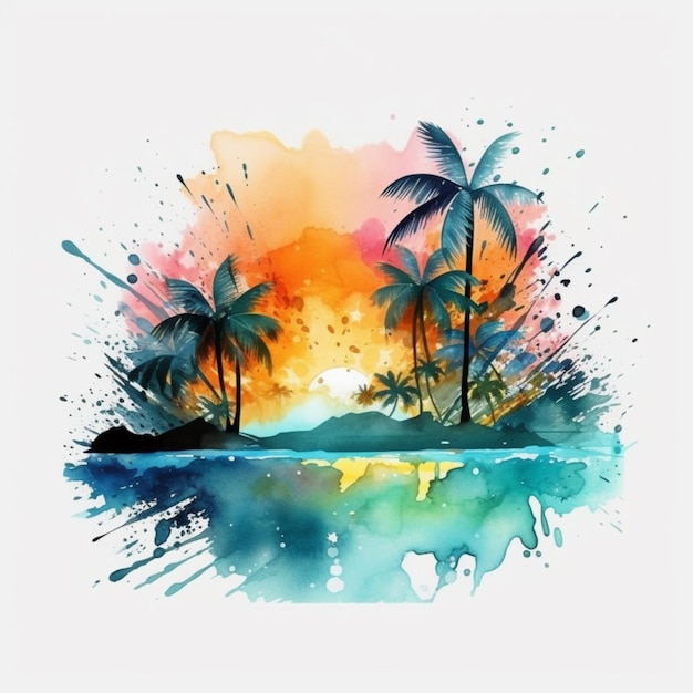 een schilderij van een zonsondergang met palmbomen en een surfer generatieve ai