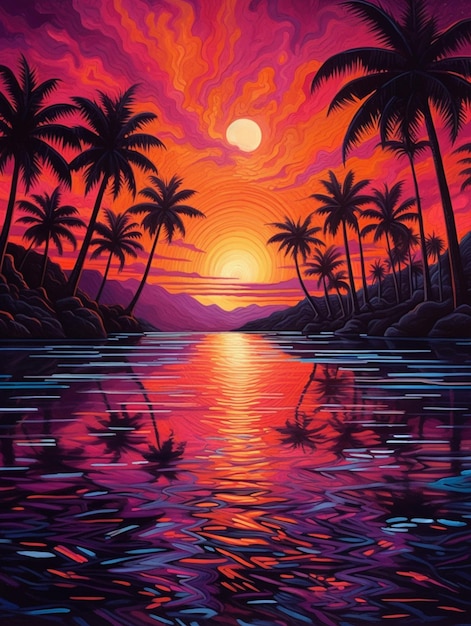 Een schilderij van een zonsondergang met palmbomen en een watermassa generatieve ai