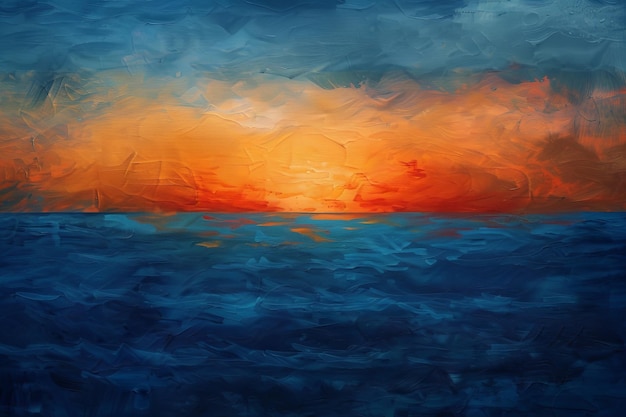 Een schilderij van een zonsondergang over de oceaan met een blauwe hemel