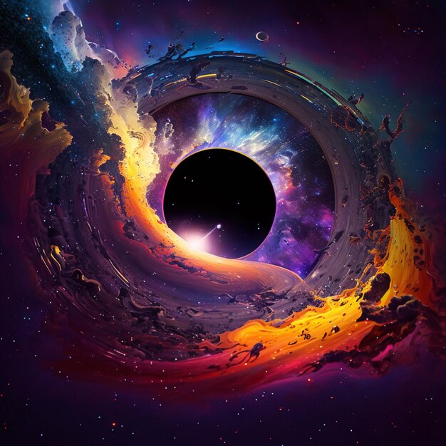 Een schilderij van een zwart gat met een ster in het midden.