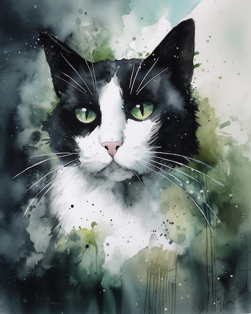 Een schilderij van een zwart-witte kat met groene ogen.