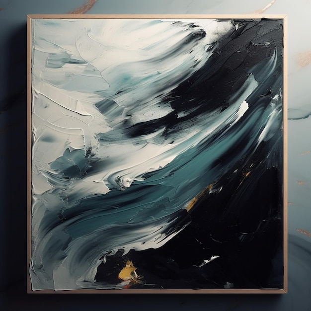 een schilderij van een zwart-witte oceaan met een gouden lijst.