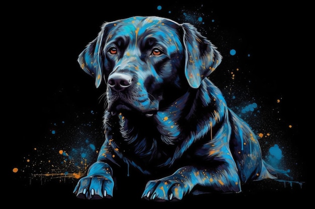 Een schilderij van een zwarte hond met blauwe ogen en een zwarte achtergrond met oranje en blauwe vlekken.