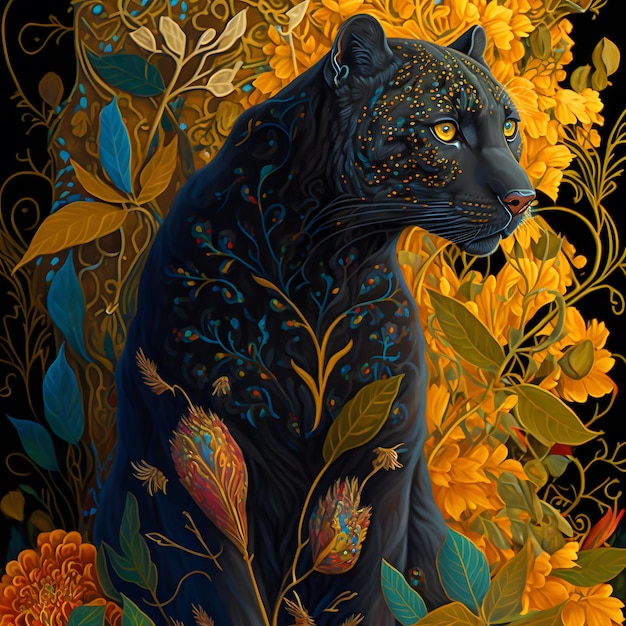 Een schilderij van een zwarte jaguar met gele bloemen en bladeren.