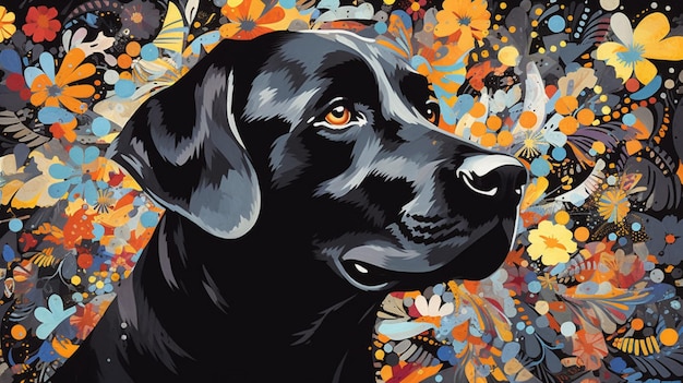 Een schilderij van een zwarte labhond met herfstbladeren op het gezicht.