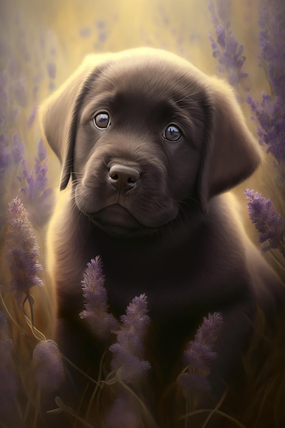 Een schilderij van een zwarte labrador puppy in een lavendelveld.