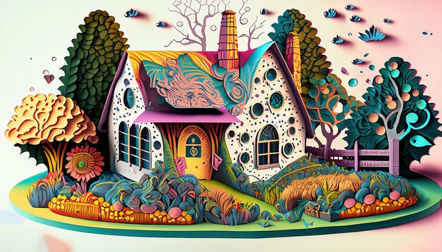 Een schilderij van eenhuis met een huis en een huis met een gele deur