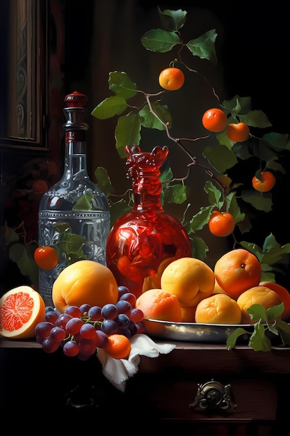 Een schilderij van fruit en een fles wijn