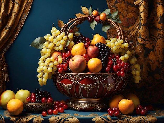 een schilderij van fruit in een mand op een tafel