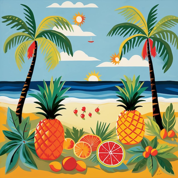 Een schilderij van fruit in een strandtafereel met palmbomen de zon en de oceaan op de achtergrond