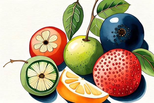 Een schilderij van fruit met een rode vrucht erop