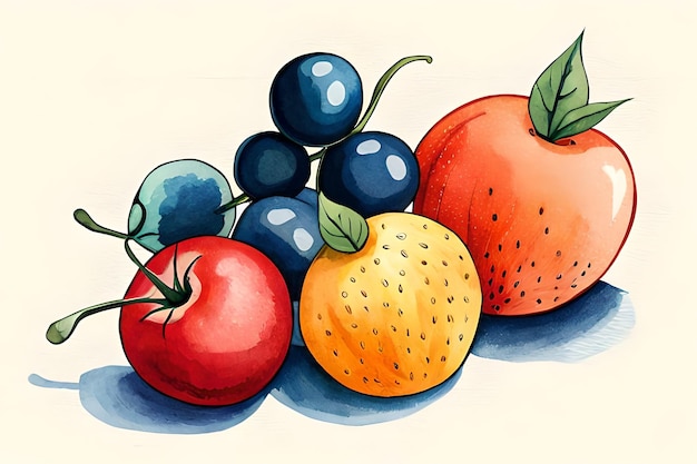 Een schilderij van fruit, waaronder een bosbes, citroen en een aardbei.