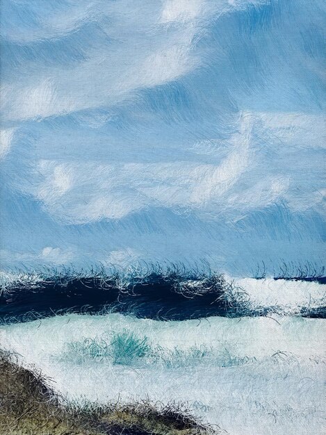 Foto een schilderij van golven die op een klif botsen