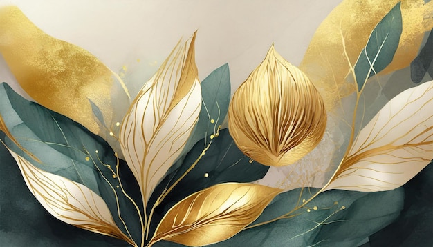 Foto een schilderij van gouden bloemen met gouden bladeren