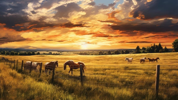 Een schilderij van grazende paarden in een weiland