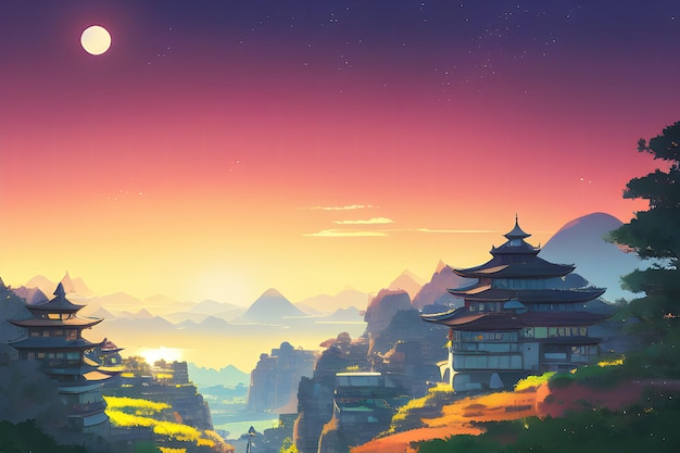 Een schilderij van het bergdorp met een zonsondergang op de achtergrond