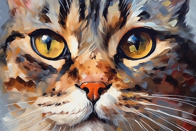 Een schilderij van het gezicht van een kat met gele ogen.