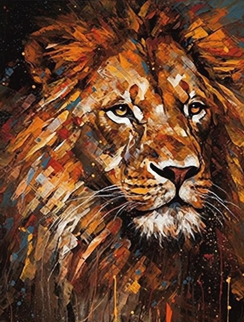 Een schilderij van het gezicht van een leeuw.