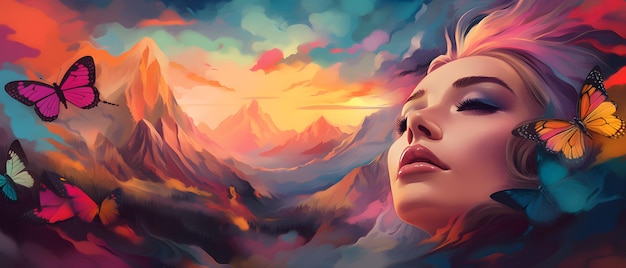 Een schilderij van het gezicht van een vrouw met bergen op de achtergrond.