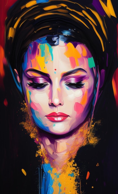 Een schilderij van het gezicht van een vrouw met gekleurde verf.