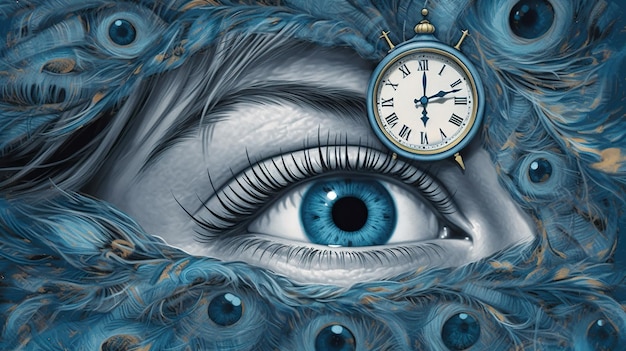 Een schilderij van het oog van een vrouw en een klok Generatief AI-beeld