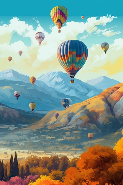 Een schilderij van heteluchtballonnen in de bergen