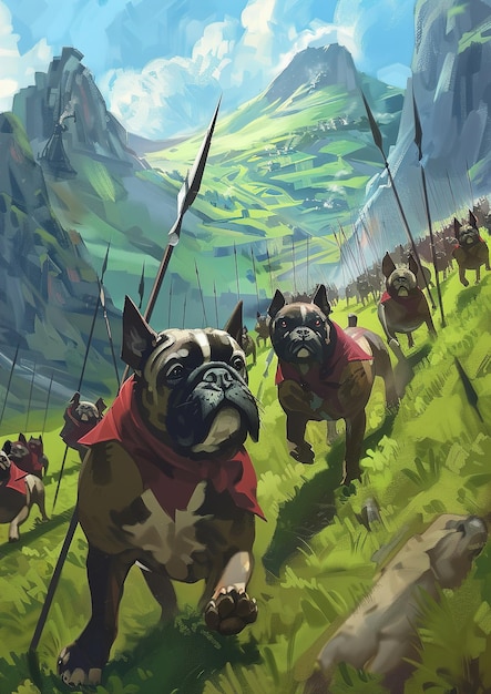 een schilderij van honden met een berg op de achtergrond