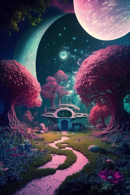 Een schilderij van huis met maan aan de hemel generatieve ai