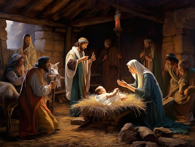 een schilderij van jesus en de geboorte van de bouwer
