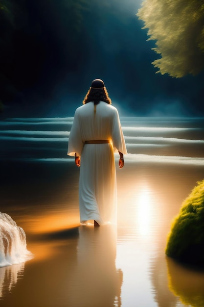 Een schilderij van Jezus die het water in loopt