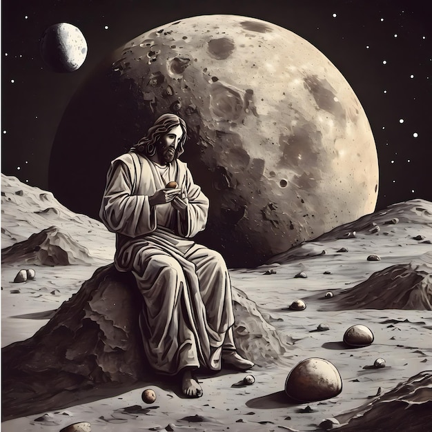 een schilderij van Jezus die op de maan zit met de maan op de achtergrond
