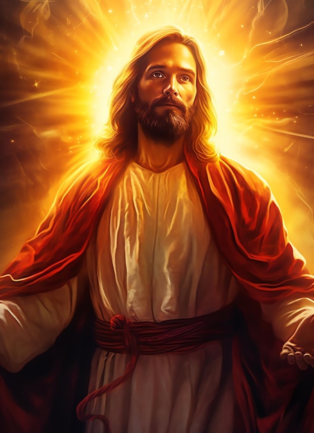 Een schilderij van Jezus met de zon achter hem