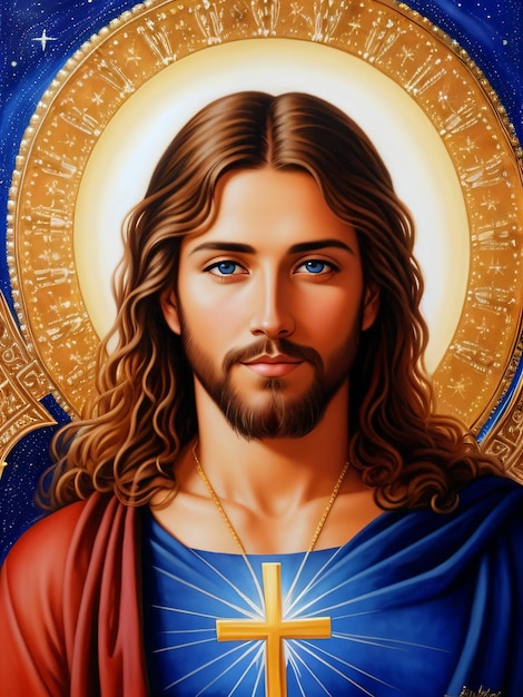Een schilderij van Jezus met een blauw shirt en een gouden kruis.