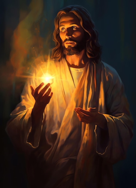Een schilderij van Jezus met een licht in zijn handen.