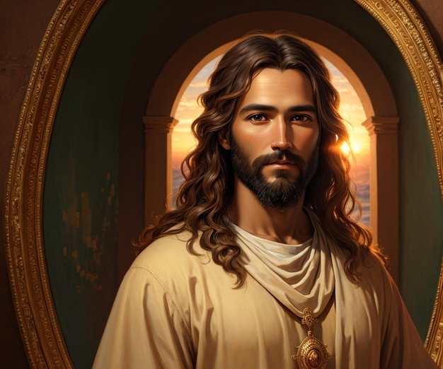 Een schilderij van Jezus met gouden bies en gouden bies.