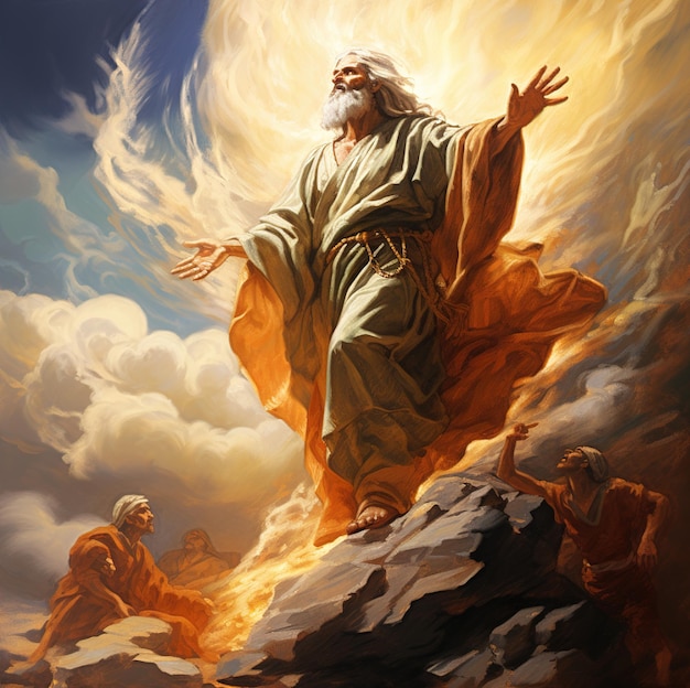 een schilderij van Jezus op een berg met de woorden god van god.