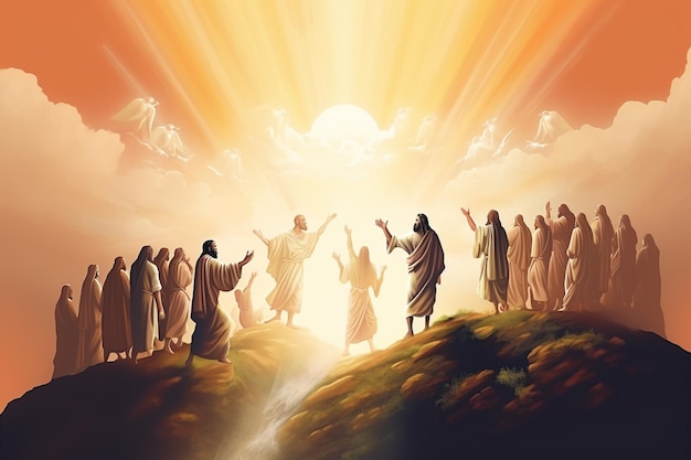 Een schilderij van Jezus op een heuvel met de zon erachter.