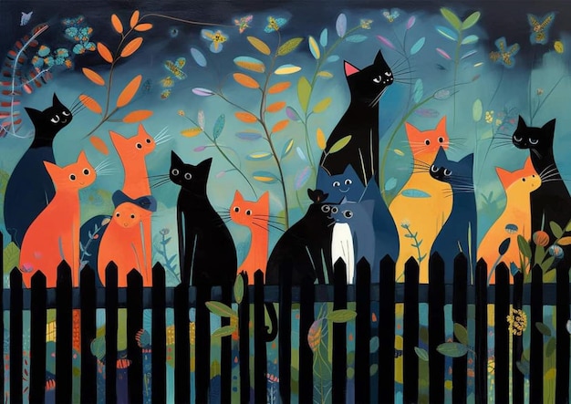 Een schilderij van katten voor een hek met het woord blij erop.