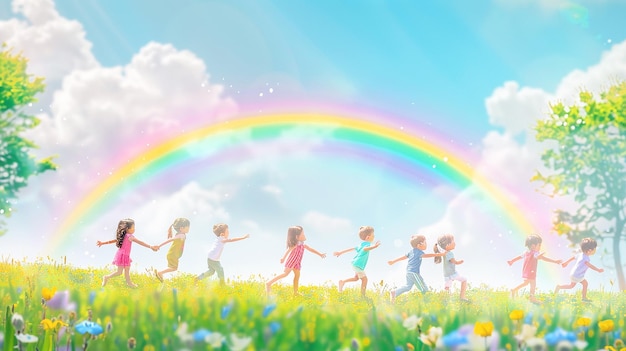 een schilderij van kinderen die in een veld rennen met een regenboog in de lucht