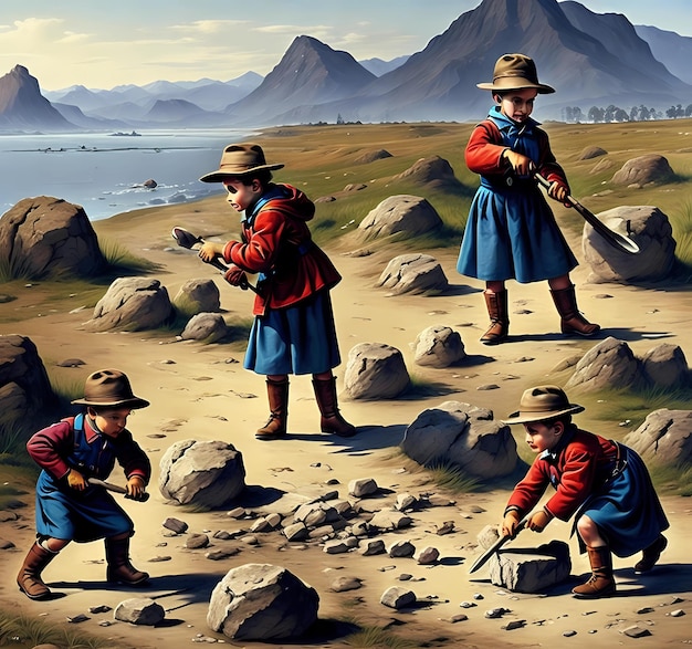 Een schilderij van kinderen die op rotsen werken met een berg op de achtergrond Internationale Dag van de Arbeid