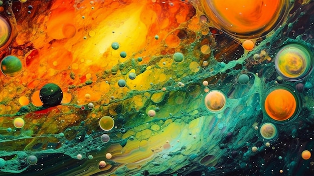 Een schilderij van kleuren en bubbels in de ruimte in de stijl van vloeibare groene en zwarte oranje en groene levendige acryl kleuren achtergrond Generatieve Ai