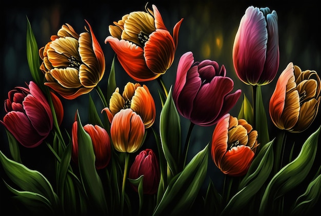 Een schilderij van kleurrijke tulpen in het donker