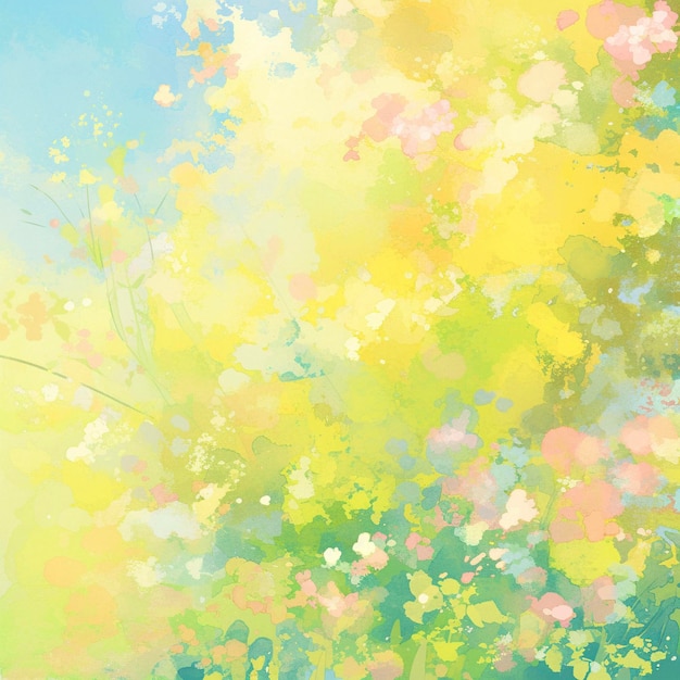 Een schilderij van lentebloemen en gras met een gele en blauwe achtergrond